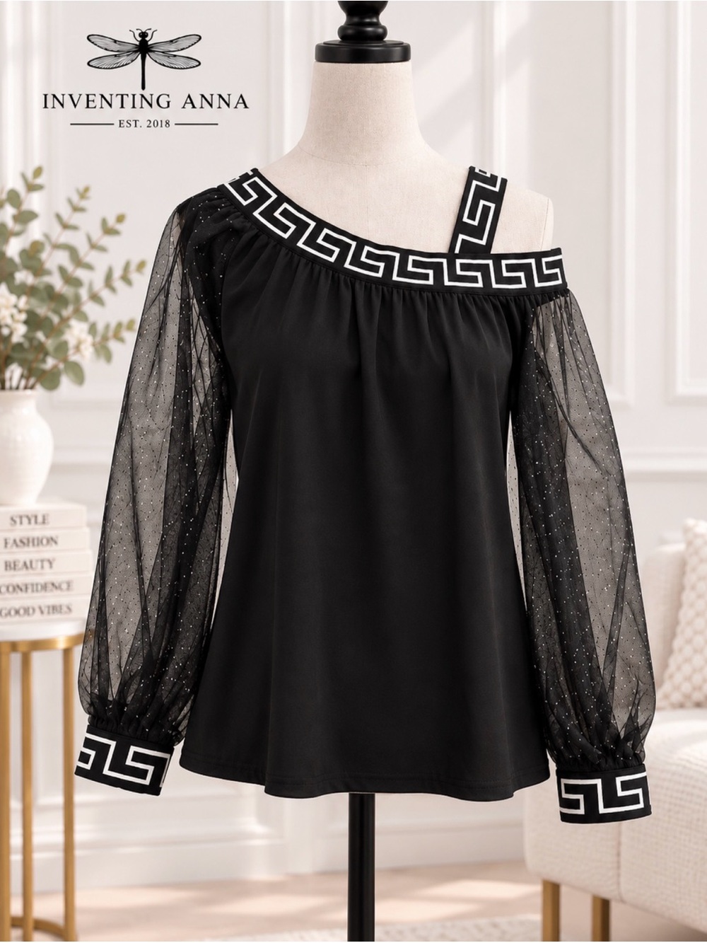 Olivia Mark Black Sheer Sleeve Greek Key Blouse Size M